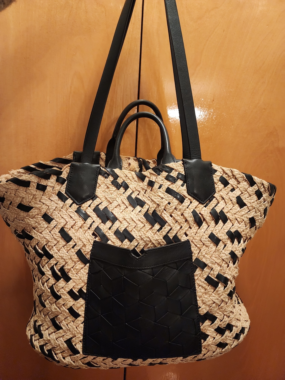 Gently Used Welden Woven Straw Tote Bag with Black Leather Trim